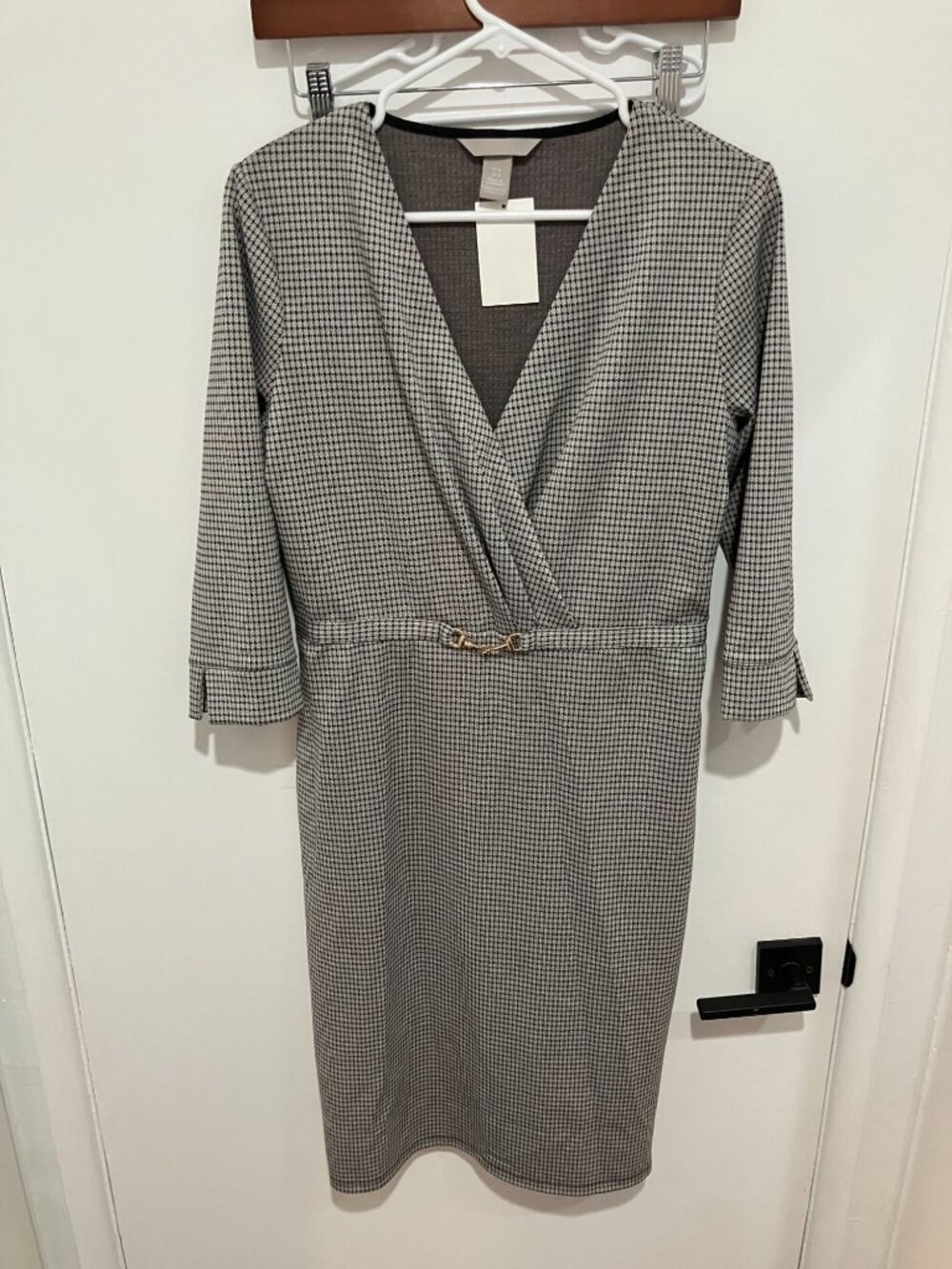 H&M Houndstooth Tailored Jersey Dress Medium Wrap V-Neck Career Business NWT